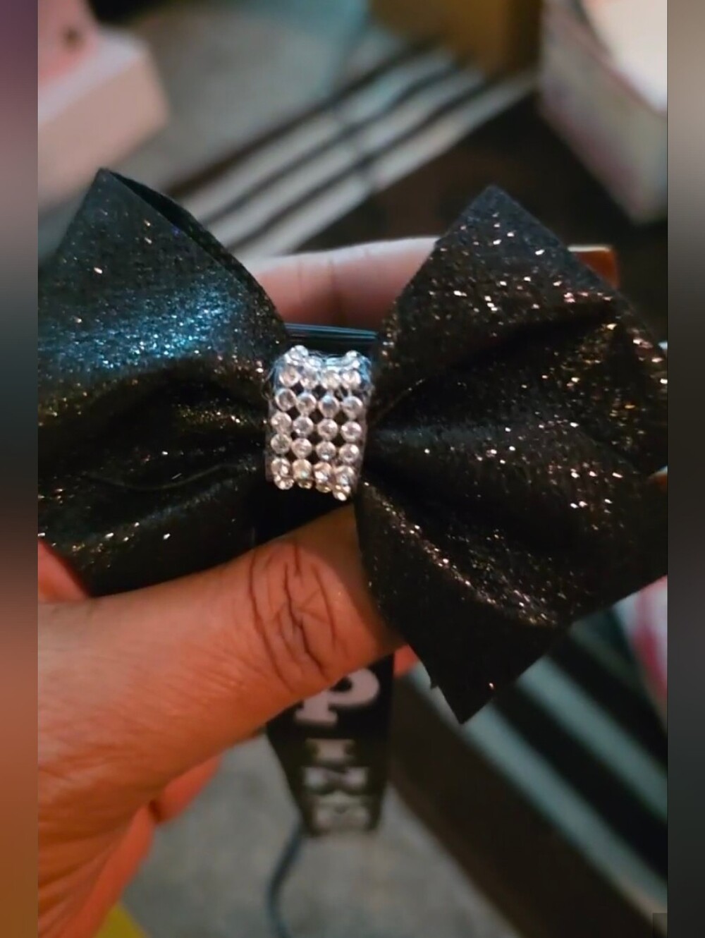 Elegant Black Bow Keychain with White Letters